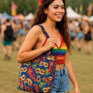 Handmade Mardi Gras Masquerade Tote Bag Double Strap Shoulder Purse Colorful